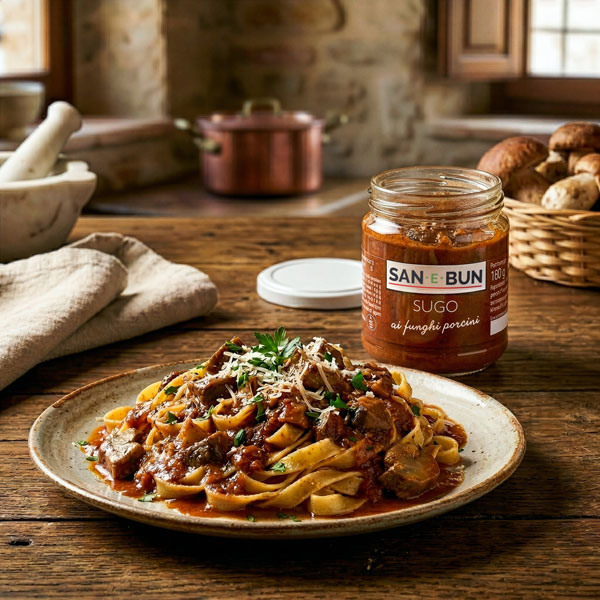 Ricetta: Tagliatelle con sugo ai funghi porcini San e Bun